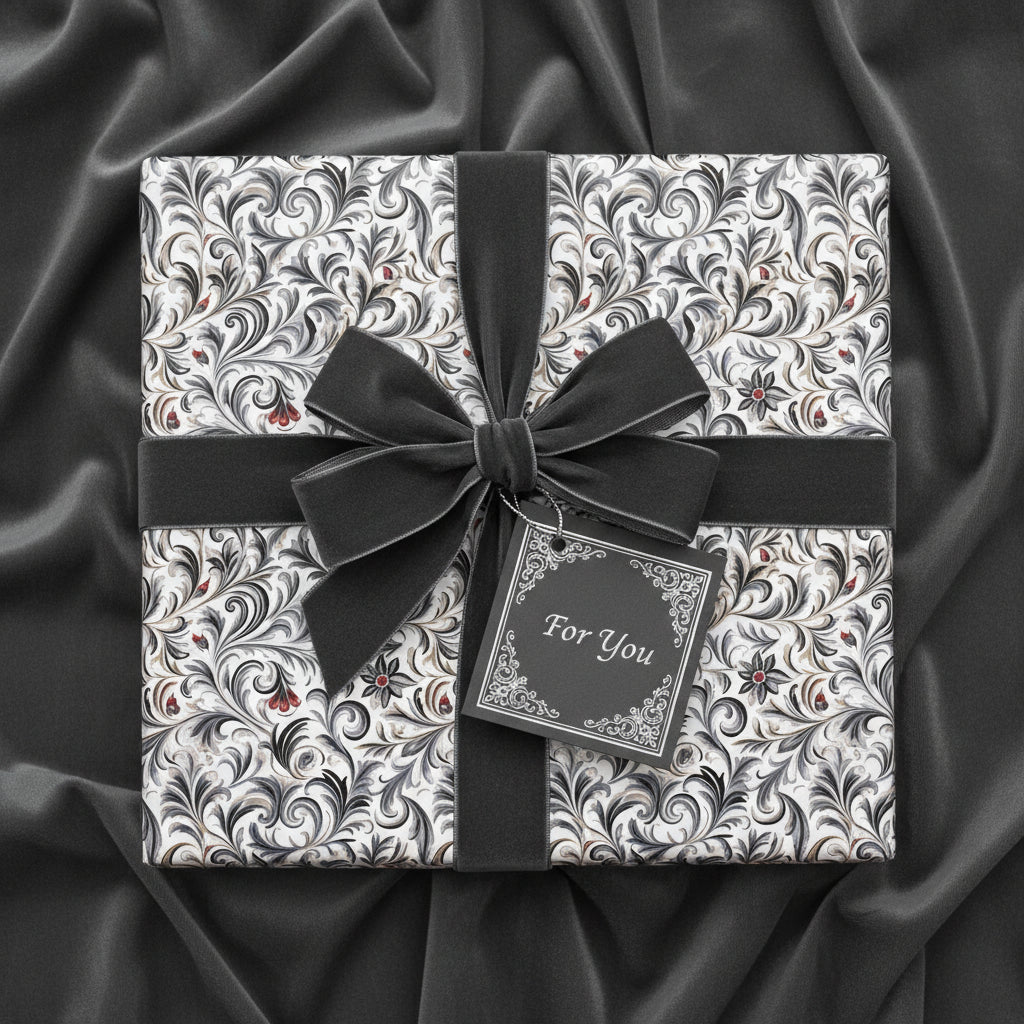 Elegant gift box wrapped in floral wrapping paper with dark velvet ribbon and "For You" tag.