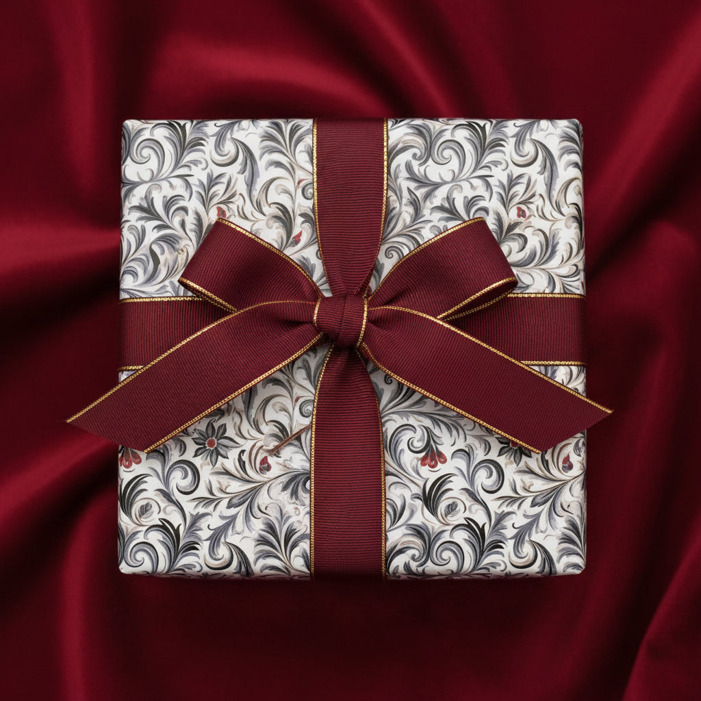Elegant gift wrapped in vintage floral wrapping paper with a burgundy and gold ribbon.