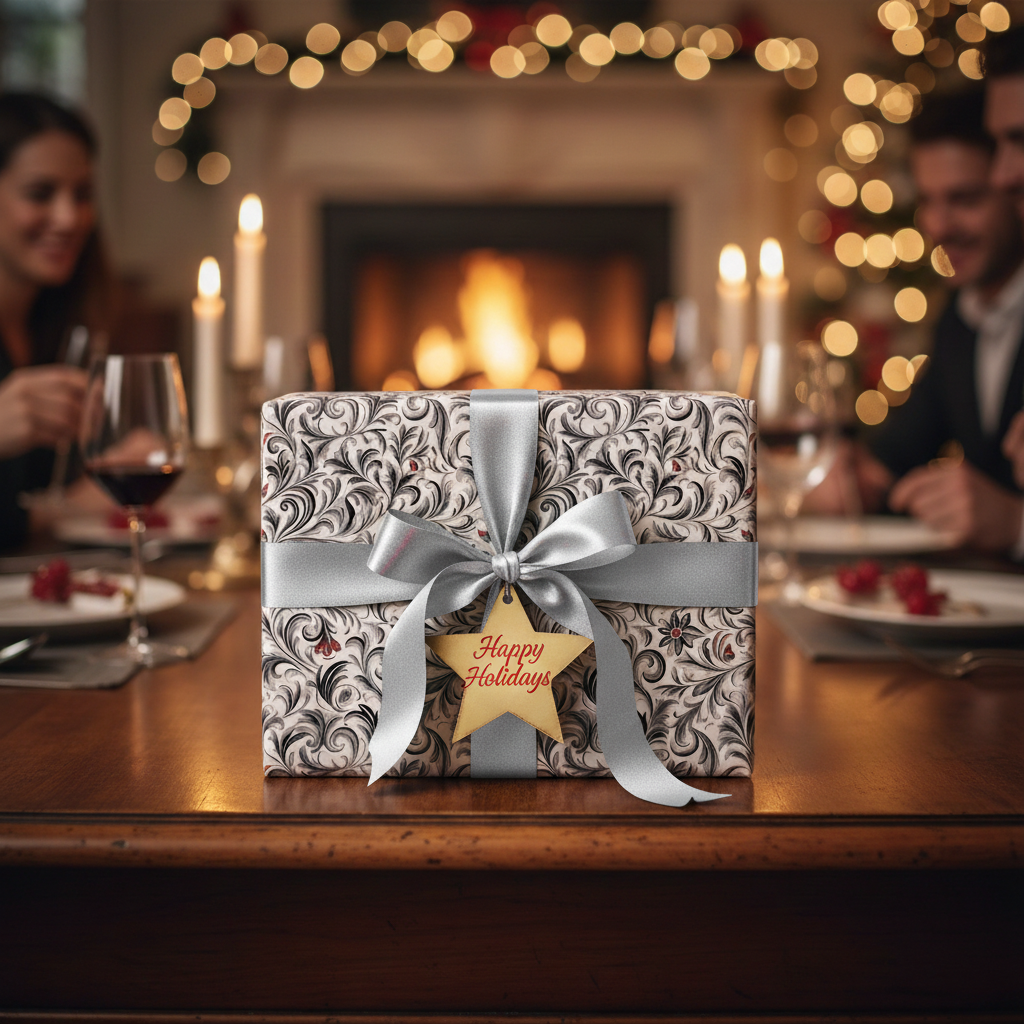 Elegant gift wrapped in luxury floral wrapping paper with a silver ribbon, perfect for Christmas or holiday celebrations.