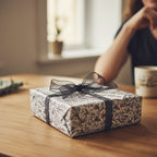 Elegant gift wrapped in vintage floral wrapping paper with a sheer black ribbon, sitting on a wooden table.