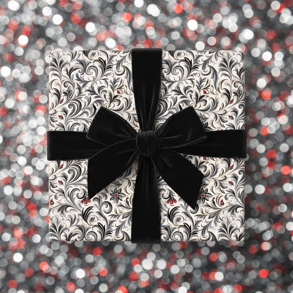 Elegant floral wrapping paper with black velvet bow on a square gift box, blurred bokeh background.