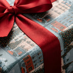Christmas wrapping paper featuring a winter village and red satin bow. Holiday gift wrap by Wrapped Studios.