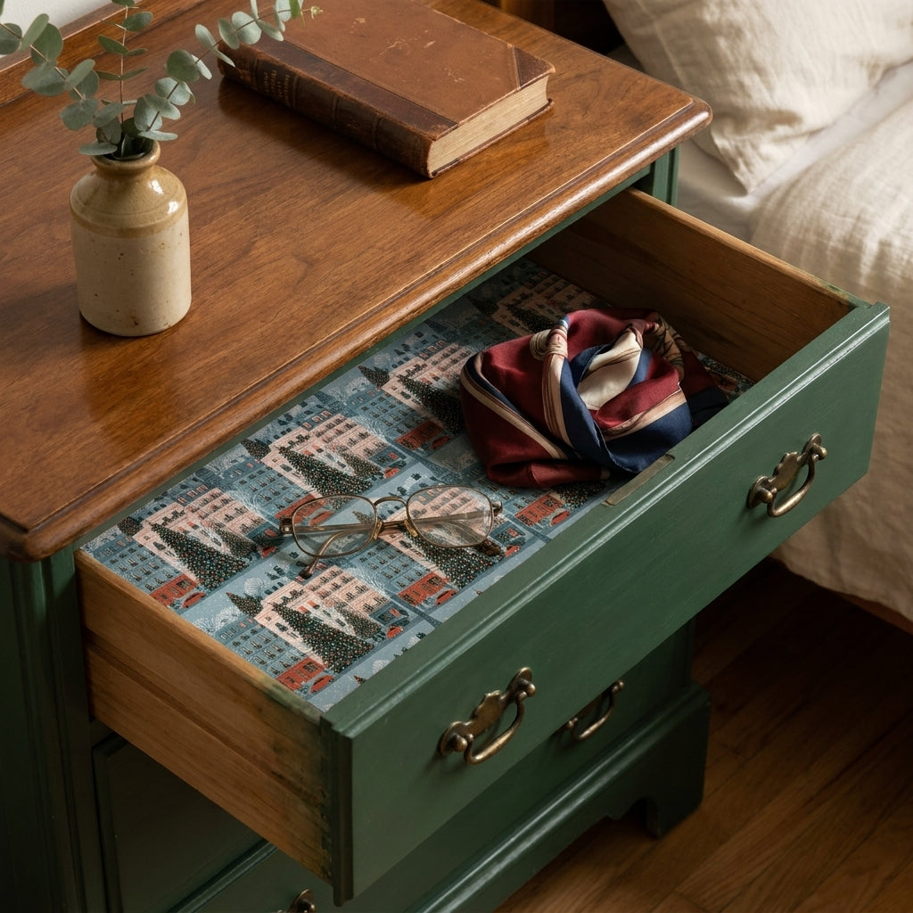 Vintage Christmas village wrapping paper used as a drawer liner by Wrapped Studios.