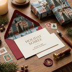 Elegant holiday invitation with matching luxury Christmas gift wrap by Wrapped Studios.