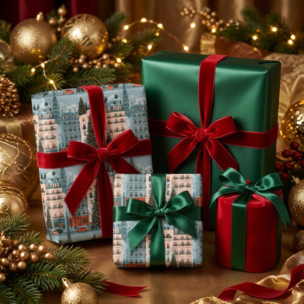 Luxury Christmas gift wrap with winter city illustration and velvet ribbons from Wrapped Studios.