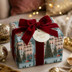 Luxury Christmas wrapping paper with a vintage Paris winter scene and red velvet bow by Wrapped Studios.