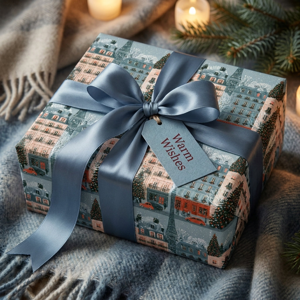 Luxury blue Christmas wrapping paper with vintage Paris holiday scene and satin bow by Wrapped Studios.
