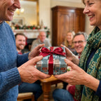 Couple exchanging Christmas gift wrapped in holiday city scene paper with red bow, by Wrapped Studios.