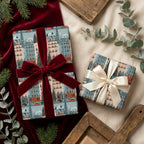 Paris winter scene Christmas wrapping paper with luxury velvet and satin bows by Wrapped Studios.