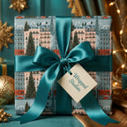 Paris holiday wrapping paper with teal satin bow and gift tag, luxury Christmas gift wrap by Wrapped Studios.