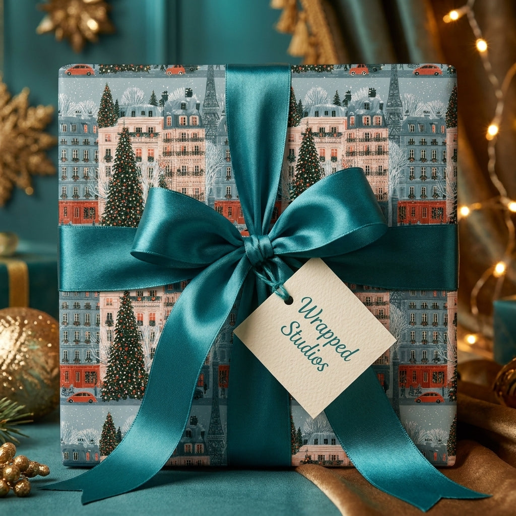 Paris holiday wrapping paper with teal satin bow and gift tag, luxury Christmas gift wrap by Wrapped Studios.