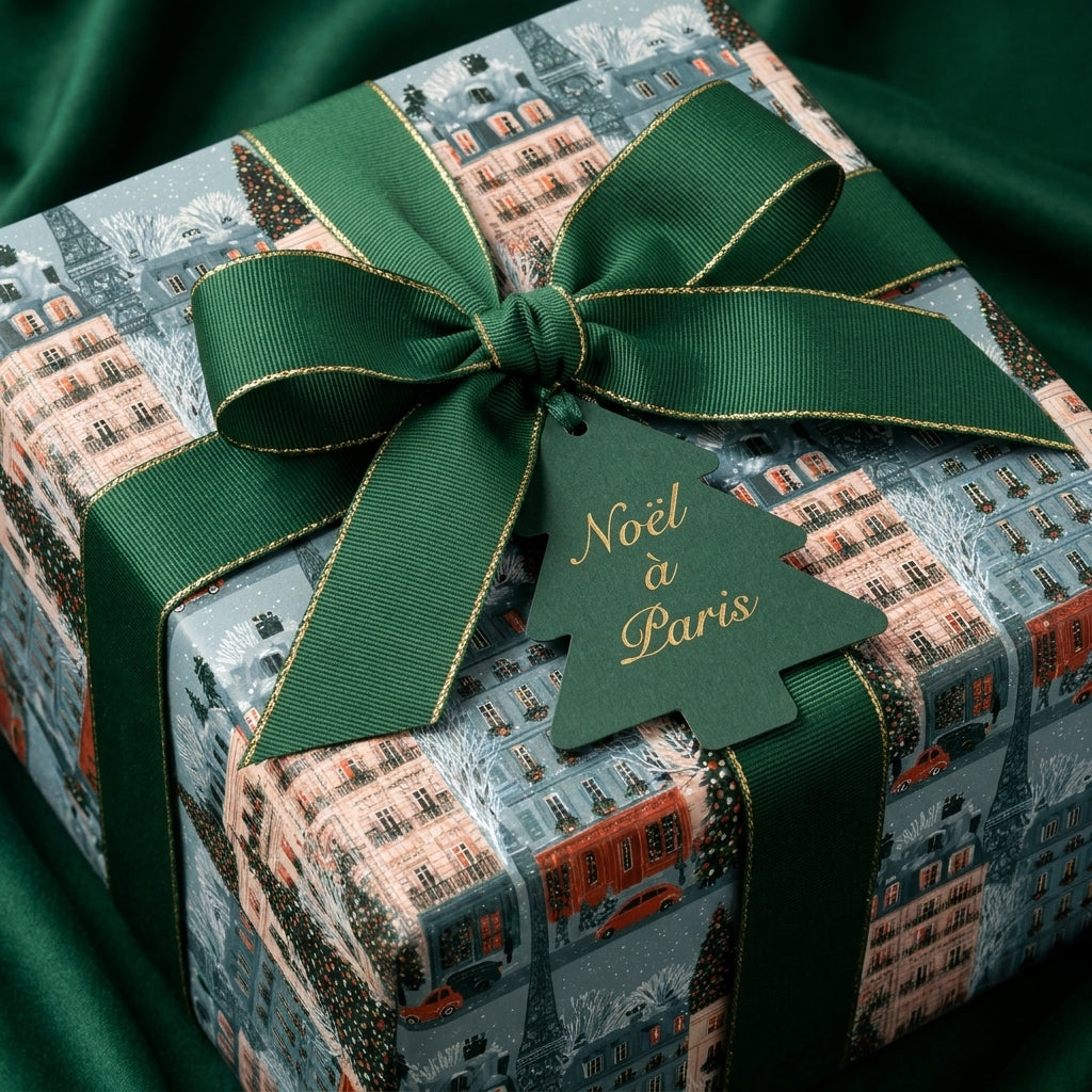 Luxury Paris Christmas wrapping paper with a green ribbon and tree tag by Wrapped Studios.