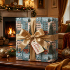Elegant Christmas gift wrap with a winter city print and gold bow, by a cozy fireplace. Wrapped Studios.