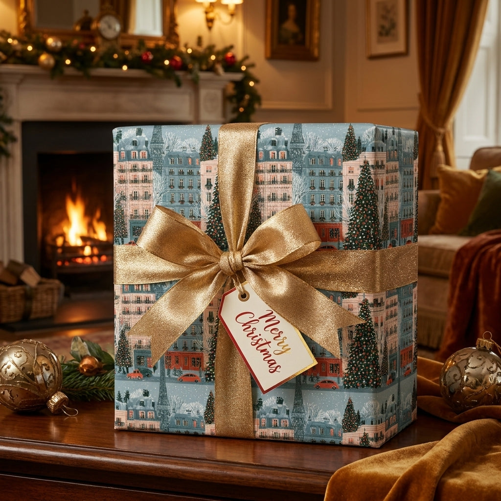 Elegant Christmas gift wrap with a winter city print and gold bow, by a cozy fireplace. Wrapped Studios.