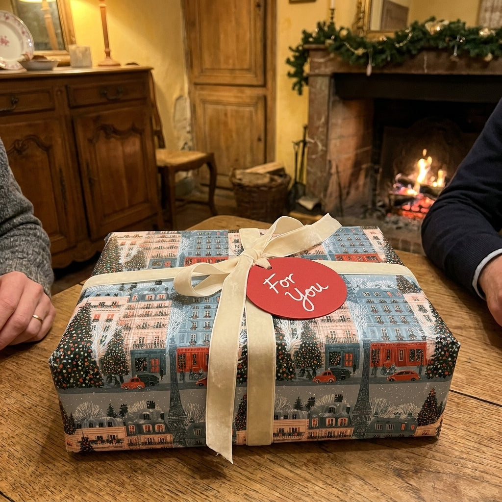 Vintage Paris Christmas wrapping paper with cream velvet ribbon by Wrapped Studios.