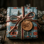 Vintage Paris Christmas wrapping paper on a gift box with a wooden JOY tag, by Wrapped Studios.
