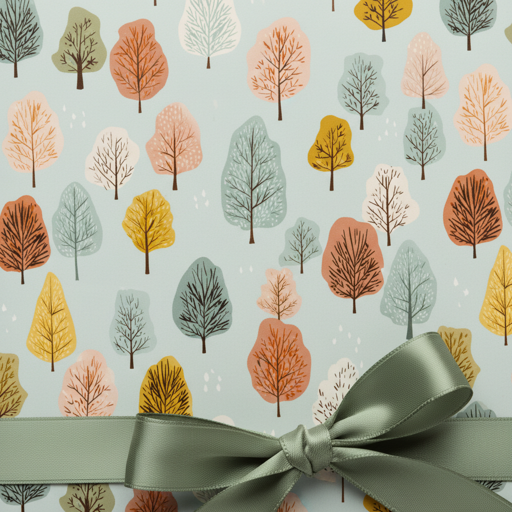 Pastel tree pattern wrapping paper with sage green satin bow, perfect for birthday gift wrap.