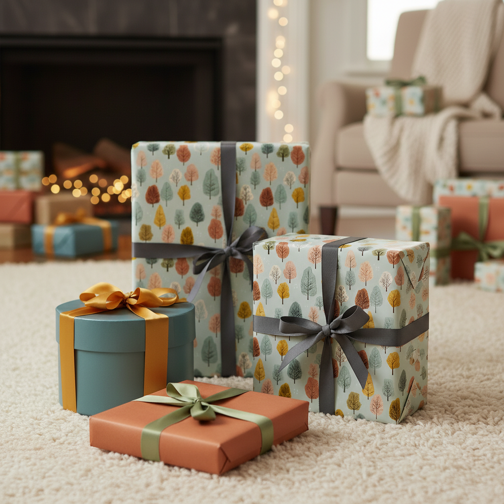 Gifts wrapped in modern tree-patterned wrapping paper with ribbons, perfect for Christmas or birthdays.