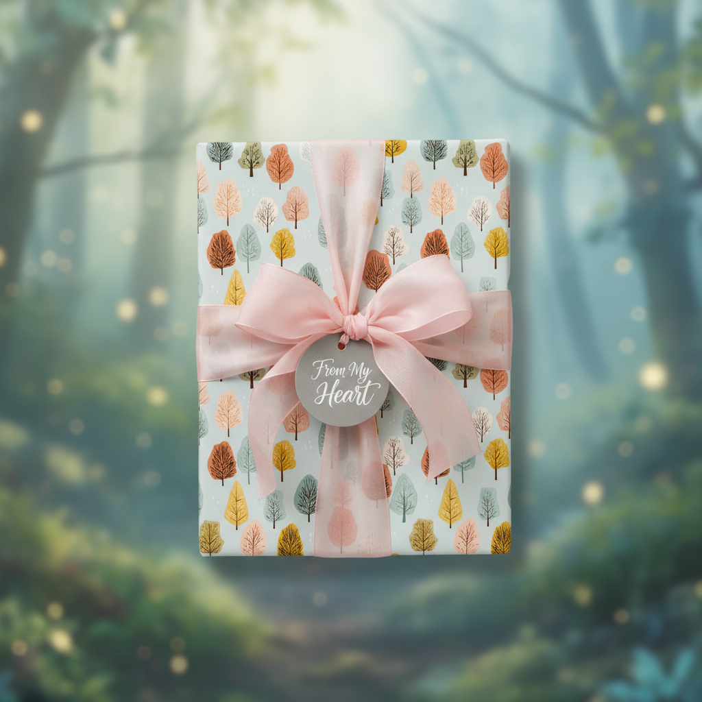 Gift wrapped in autumn tree pattern paper with pink ribbon and a "From My Heart" tag.