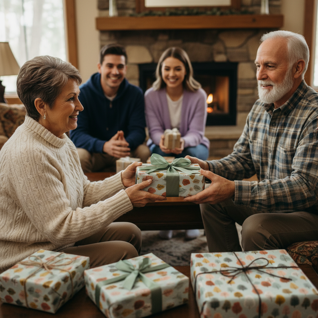 Family exchanging gifts wrapped in patterned gift wrap with green ribbon, cozy fireplace background.