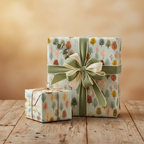 Gifts wrapped in modern tree pattern wrapping paper with sage ribbon, perfect for fall, birthday, or any occasion.
