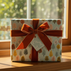 Elegant gift box wrapped in a nature-themed wrapping paper with a rust-colored velvet ribbon and "Thank You" tag.