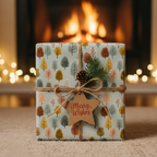 Christmas gift wrapped in tree-patterned paper with a twine bow, pine sprig, and "Merry Wishes" tag by a fireplace.