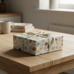 Square gift box in modern floral wrapping paper with cream ribbon on a wooden table.