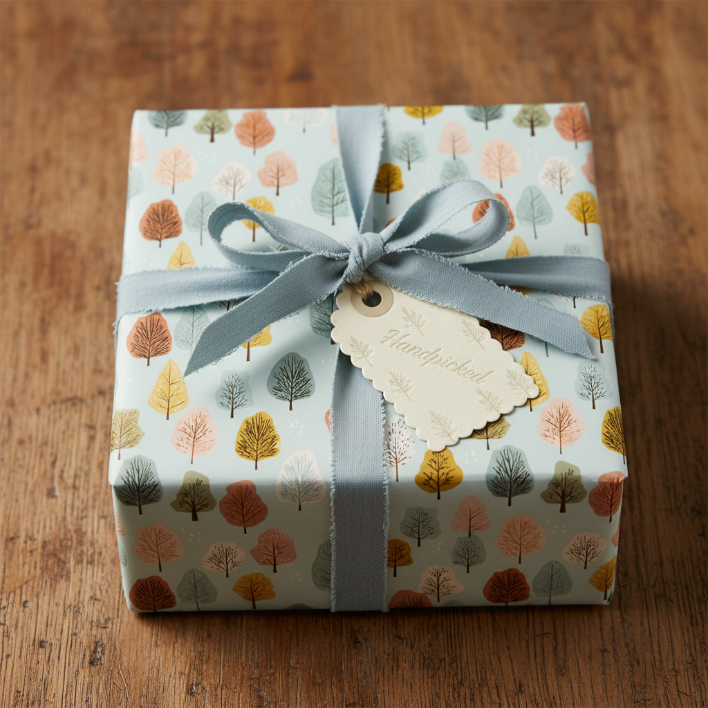 Square gift wrapped in modern tree print wrapping paper with a gray ribbon.