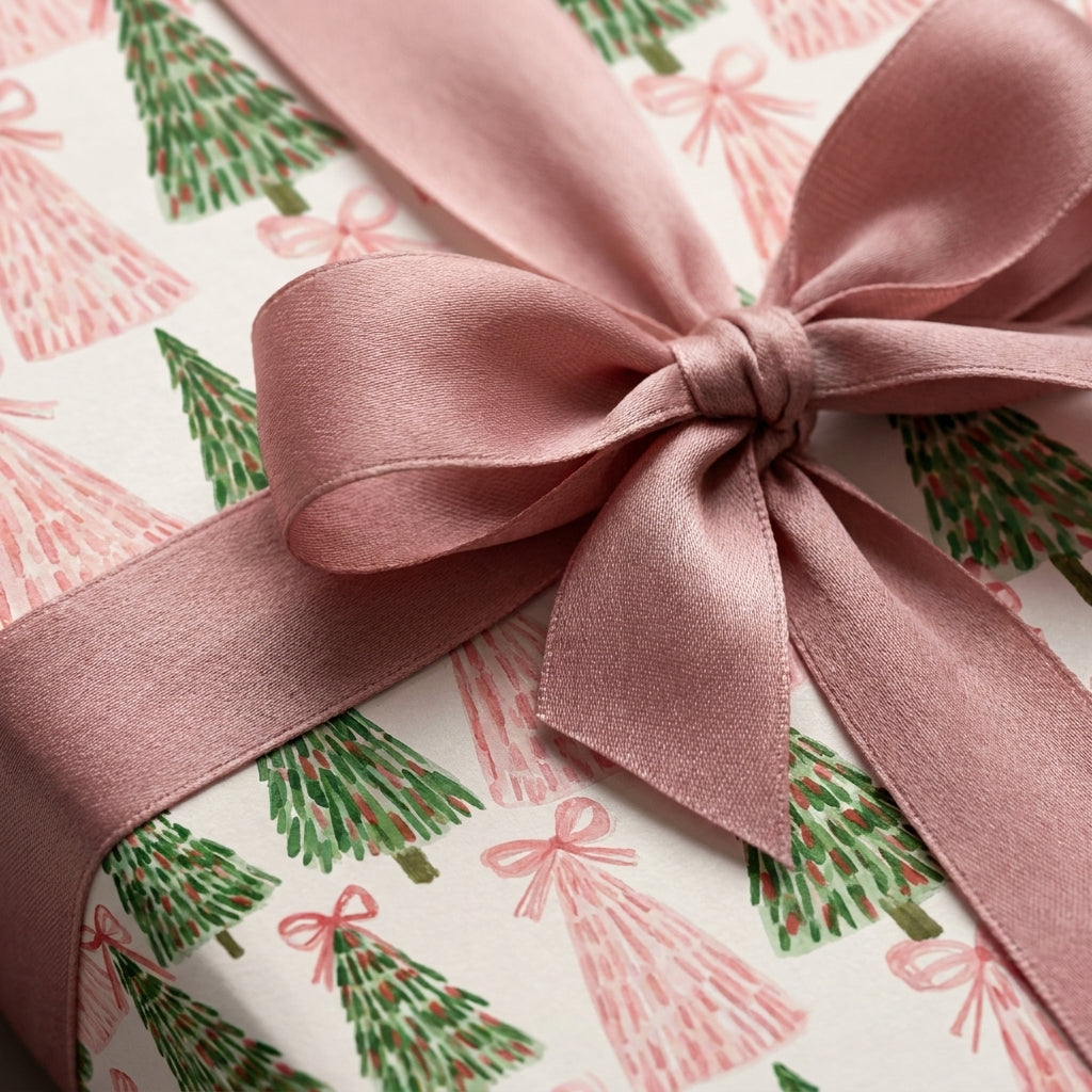 Blush pink and green watercolor Christmas wrapping paper with a satin ribbon bow by Wrapped Studios.