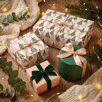 Modern pink and green Christmas tree gift wrap on cozy holiday boxes by Wrapped Studios.