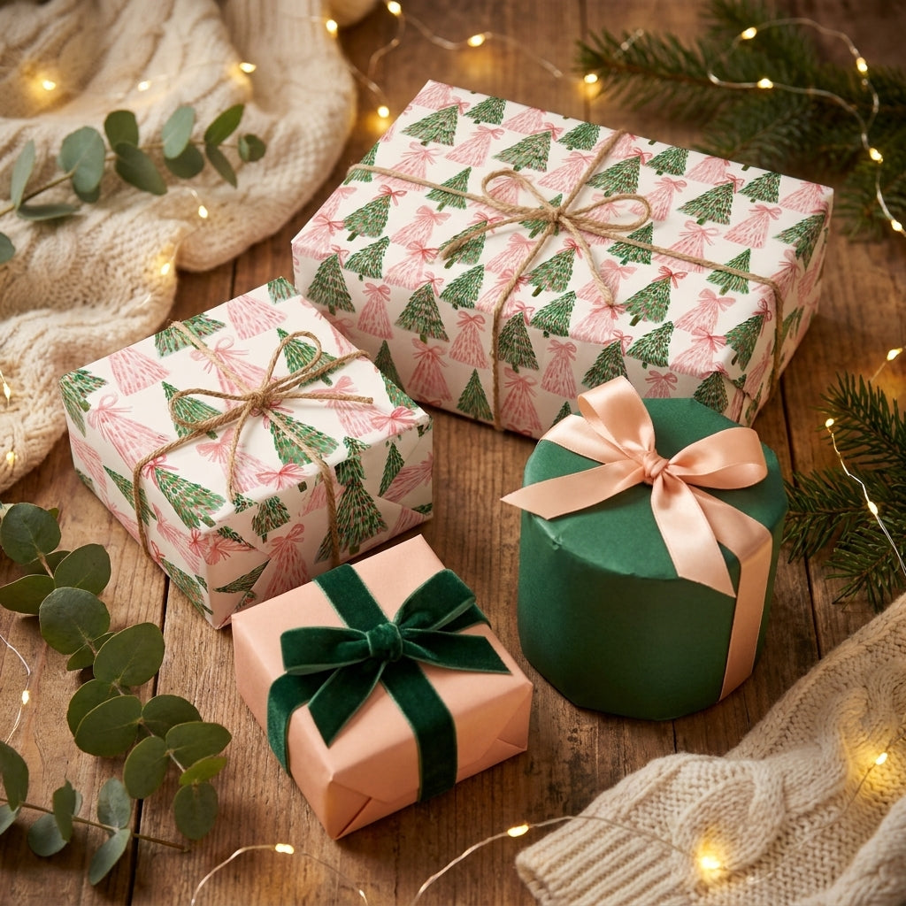 Modern pink and green Christmas tree gift wrap on cozy holiday boxes by Wrapped Studios.