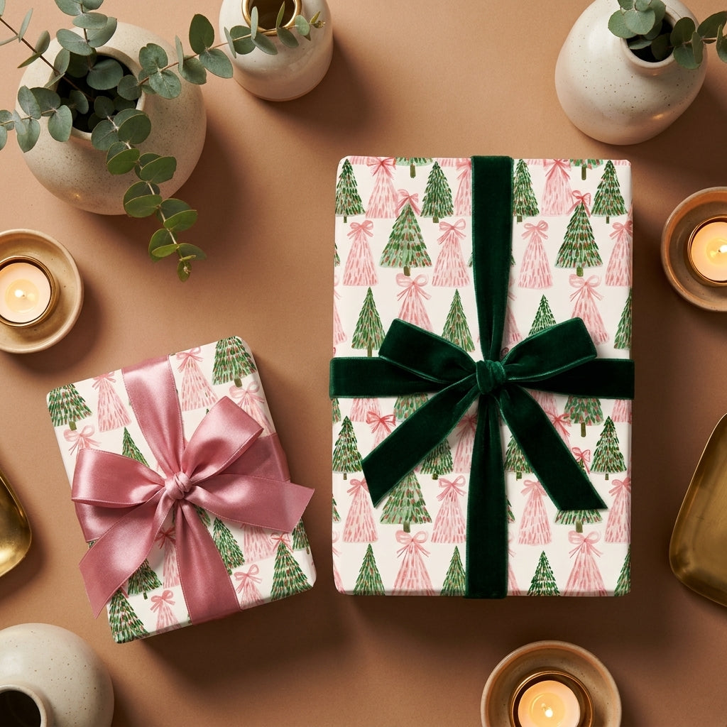 Luxury pink and green Christmas tree wrapping paper with velvet ribbon by Wrapped Studios.