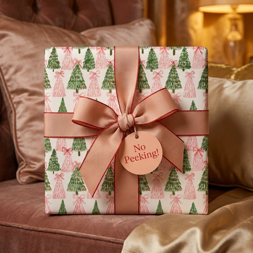 Pink and green Christmas tree wrapping paper with a luxury bow and gift tag by Wrapped Studios.