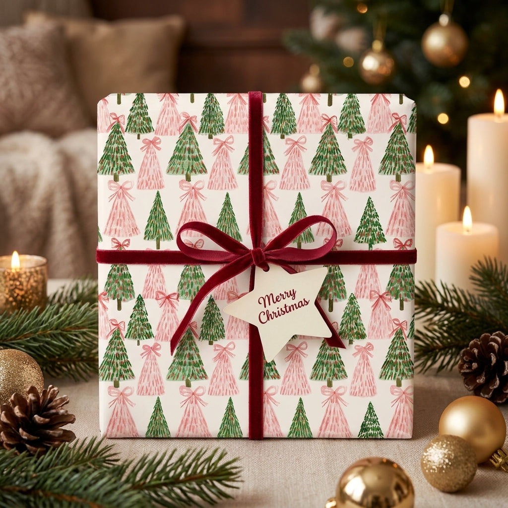 Pink and green watercolor Christmas tree wrapping paper with a red velvet bow by Wrapped Studios.