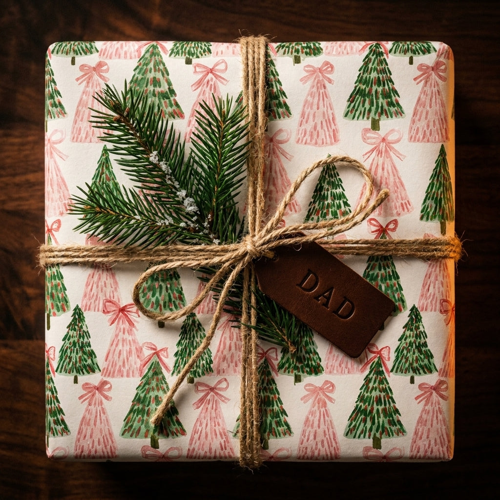 Christmas gift wrap with green and pink tree pattern, tied with twine and Dad tag by Wrapped Studios.
