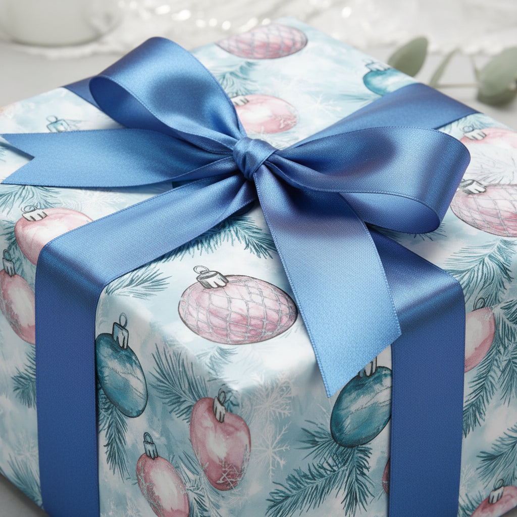 Christmas gift, Wrapped Studios luxury wrapping paper with a blue bow and vintage ornament pattern.