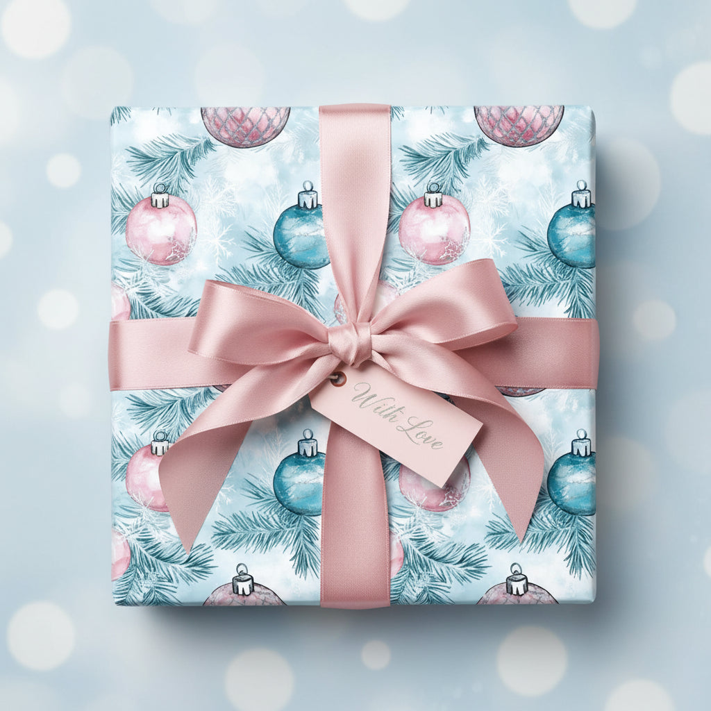 Square gift box with festive Christmas ornament wrapping paper and blush ribbon.
