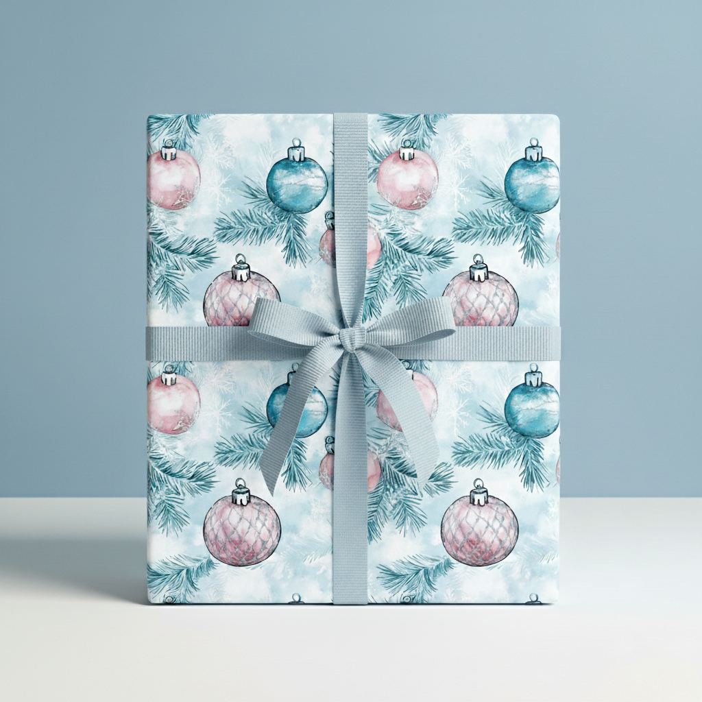Square gift wrapped in Wrapped Studios Christmas ornament wrapping paper with a blue ribbon.