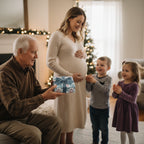 Christmas wrapping paper with ornaments; Grandfather presents a gift to pregnant woman, children look on.