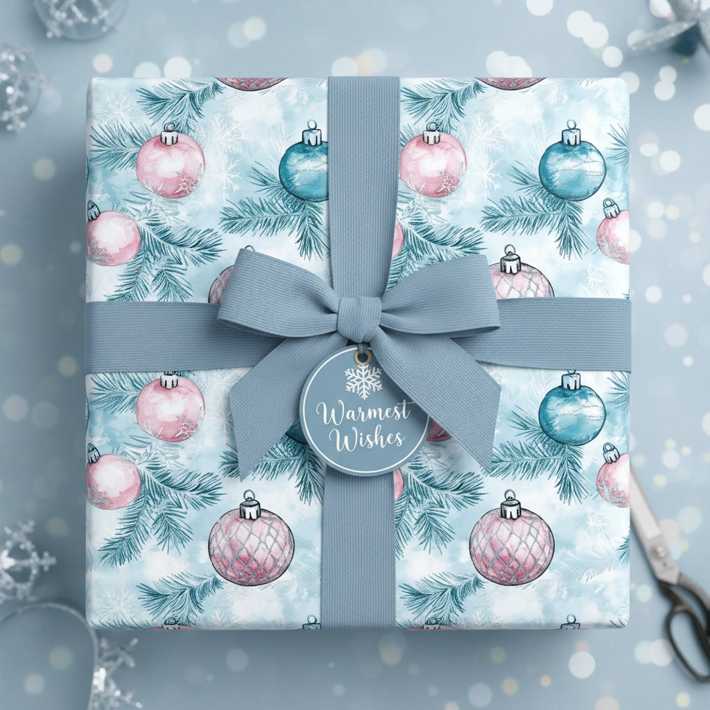 Dusty blue Christmas gift wrap with watercolor ornaments and ribbon from Wrapped Studios.
