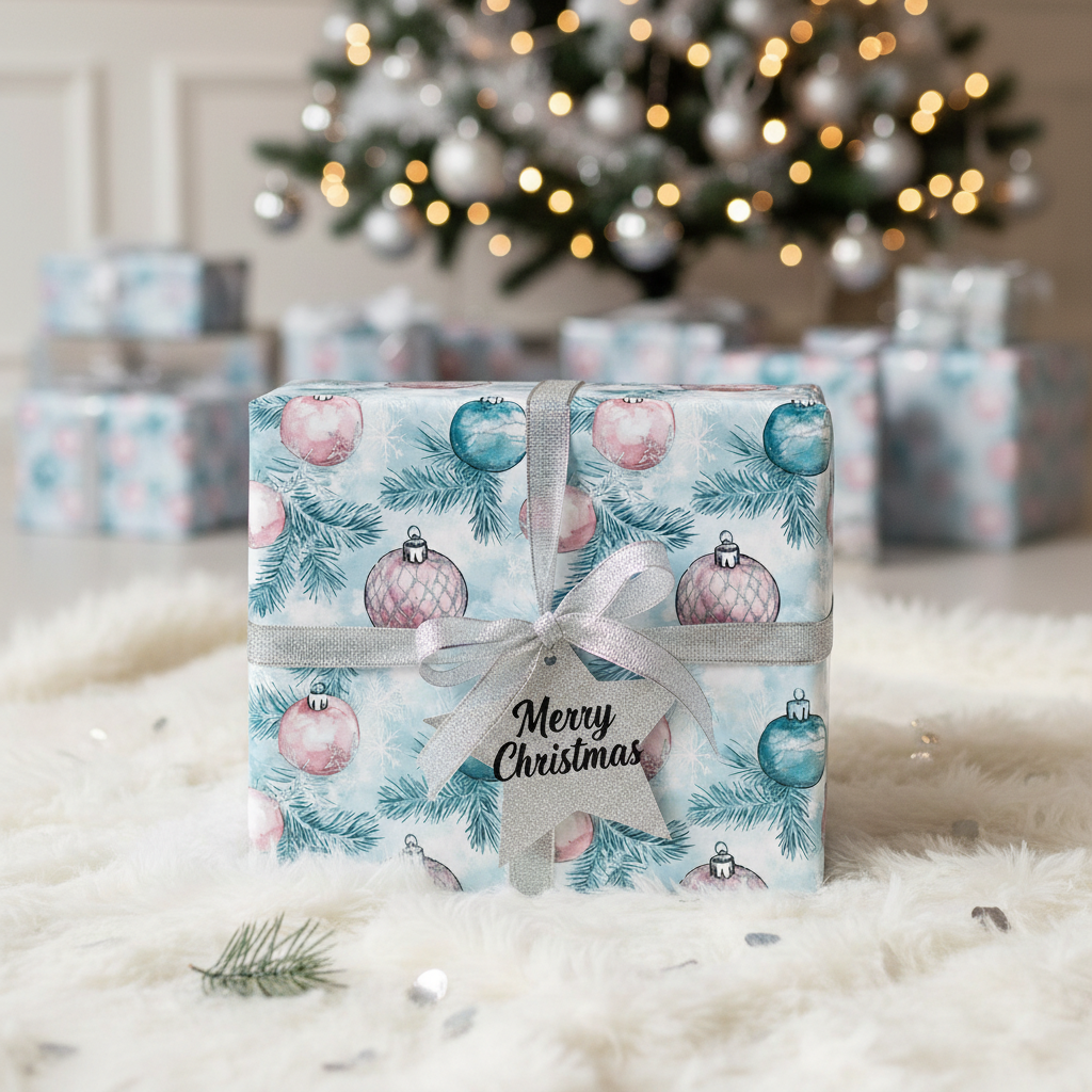Pastel Christmas gift wrap featuring ornaments with silver ribbon and star tag.