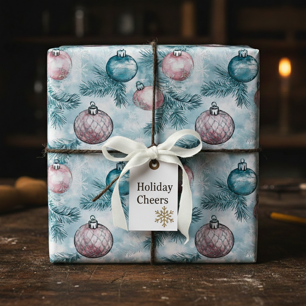 Christmas gift wrap with ornament design, Wrapped Studios.