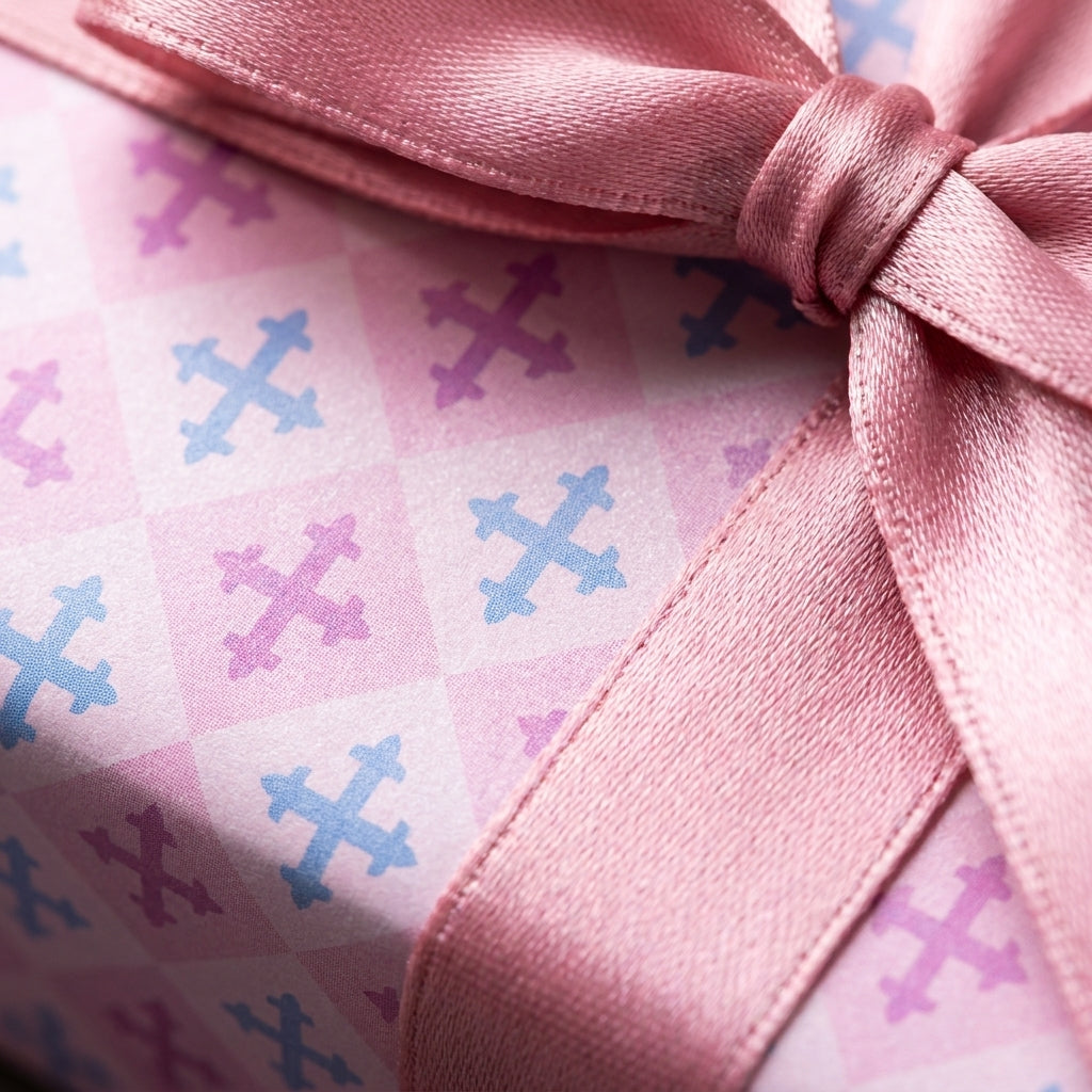 Pastel pink and blue birthday wrapping paper with a satin ribbon bow by Wrapped Studios.