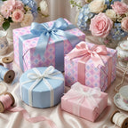 Elegant pastel geometric wrapping paper and luxury gift wrap with satin bows by Wrapped Studios.