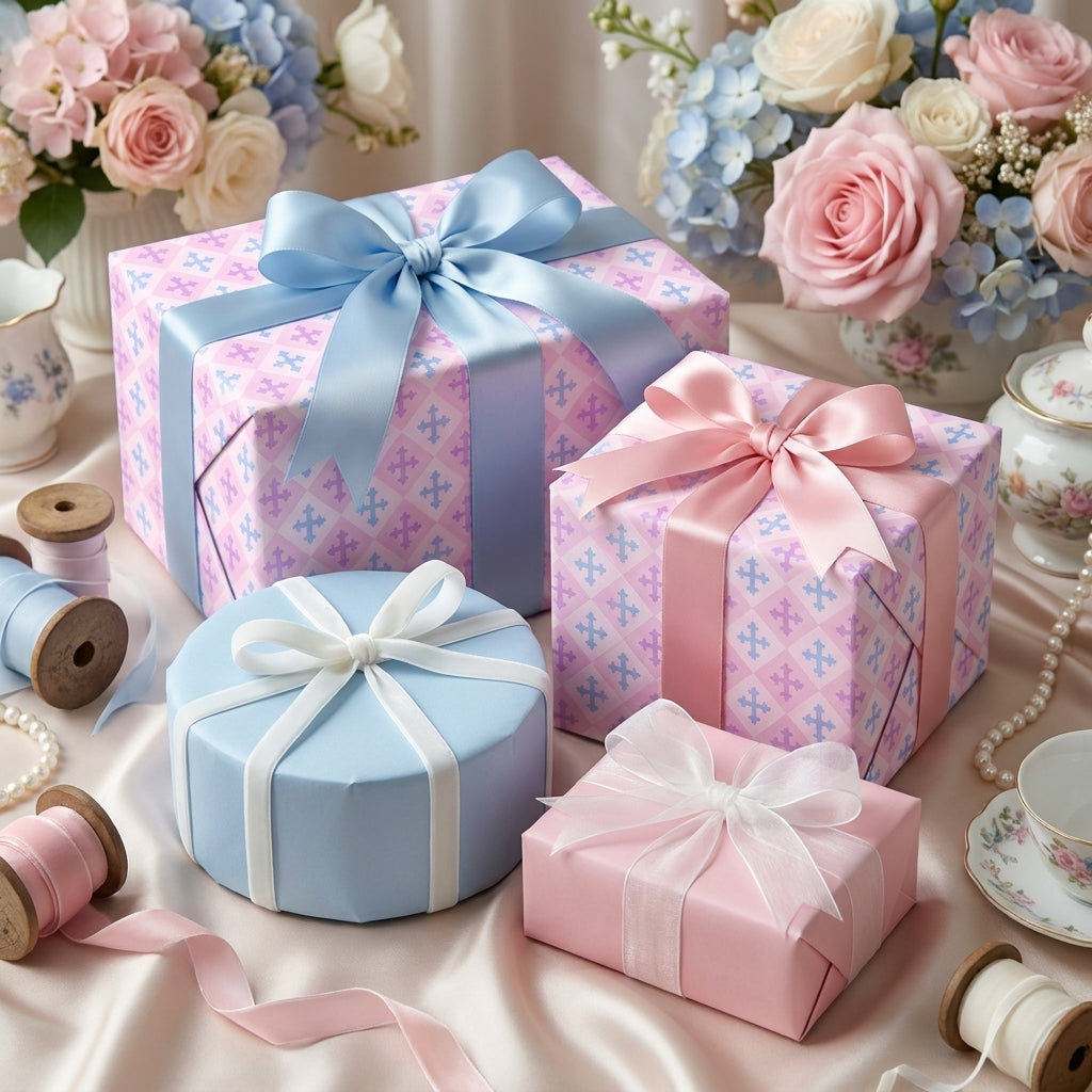 Elegant pastel geometric wrapping paper and luxury gift wrap with satin bows by Wrapped Studios.