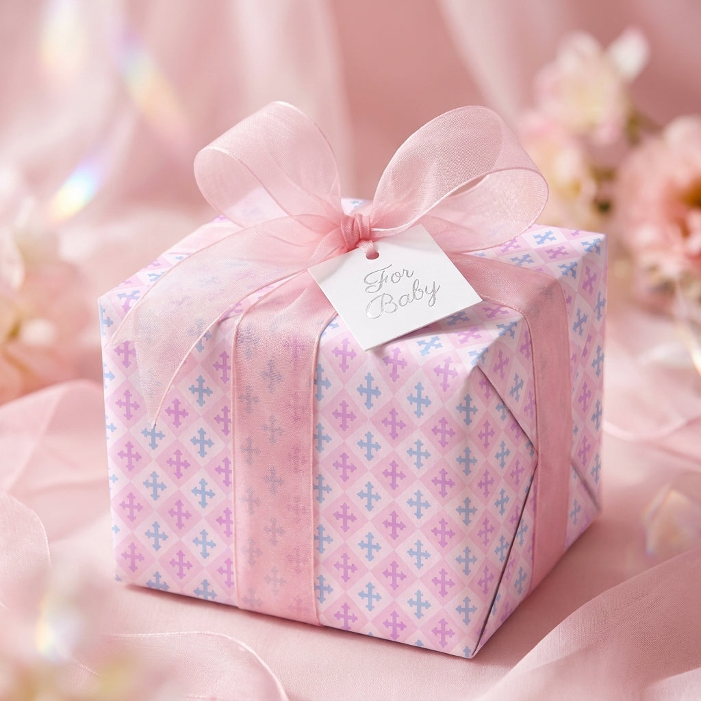 Pastel pink and blue baby shower wrapping paper with a sheer bow and 'For Baby' tag by Wrapped Studios.