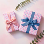 Pastel geometric birthday wrapping paper with elegant bows by Wrapped Studios.