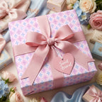 Pastel baby shower wrapping paper with pink ribbon and 'Sweet Arrival' heart tag, by Wrapped Studios.