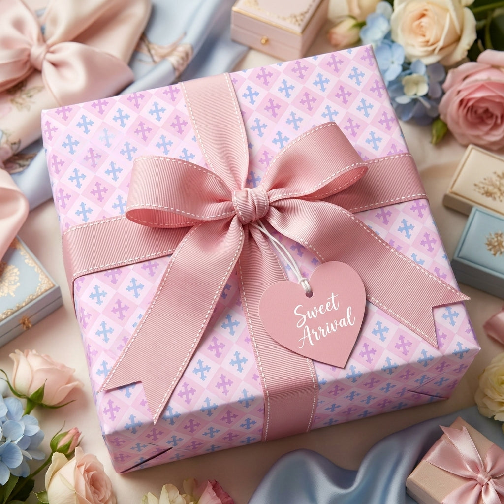 Pastel baby shower wrapping paper with pink ribbon and 'Sweet Arrival' heart tag, by Wrapped Studios.